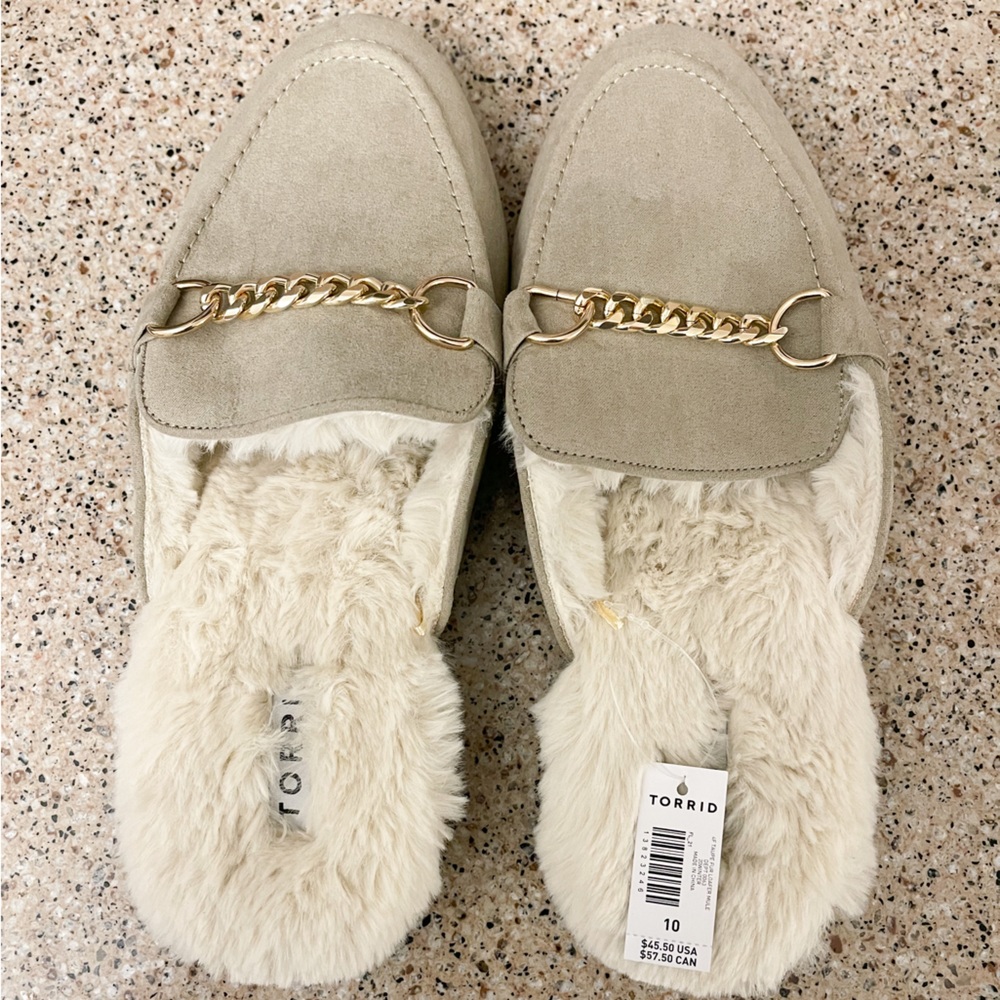 torrid Beige Faux Suede Chain-Trim Fuzzy Slide Mules